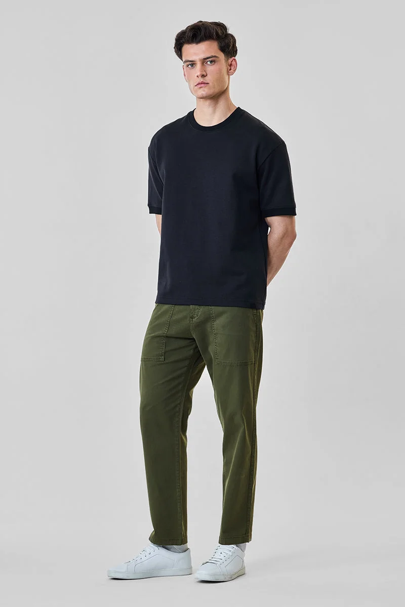 SNITCH Olive Textured Slim Fit Casual Trousers