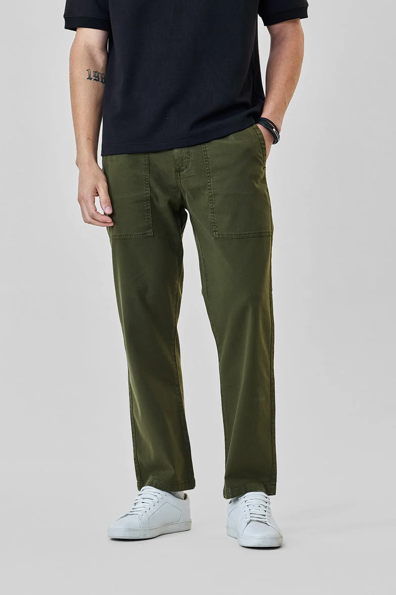 SNITCH Olive Textured Slim Fit Casual Trousers