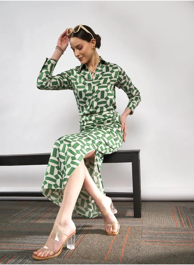 SASSAFRAS Geometrical Print Shirt & Side Ruched Skirt with Slit Co-Ord by Styli