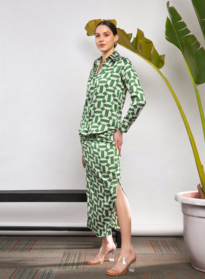 SASSAFRAS Geometrical Print Shirt & Side Ruched Skirt with Slit Co-Ord by Styli - Image 3