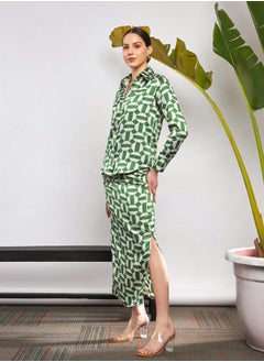 SASSAFRAS Geometrical Print Shirt & Side Ruched Skirt with Slit Co-Ord  - Image 3