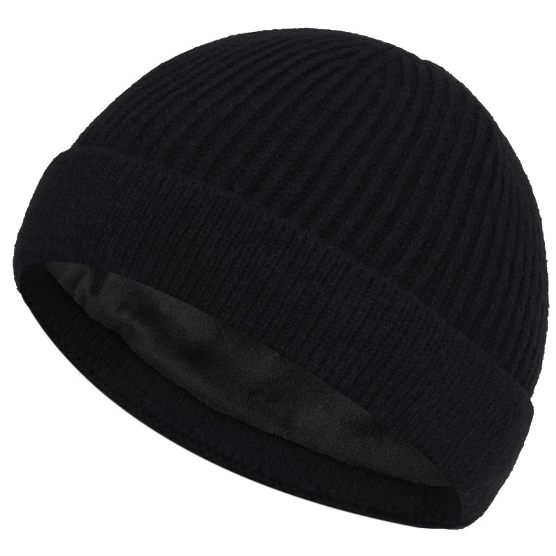 ROYBENS Swag Wool Short Fisherman Beanie for Men Women, Fleece Lined Warm Winter Hat, Knit Cuff Trawler Beanies Watch Skull Cap Black - Image 1