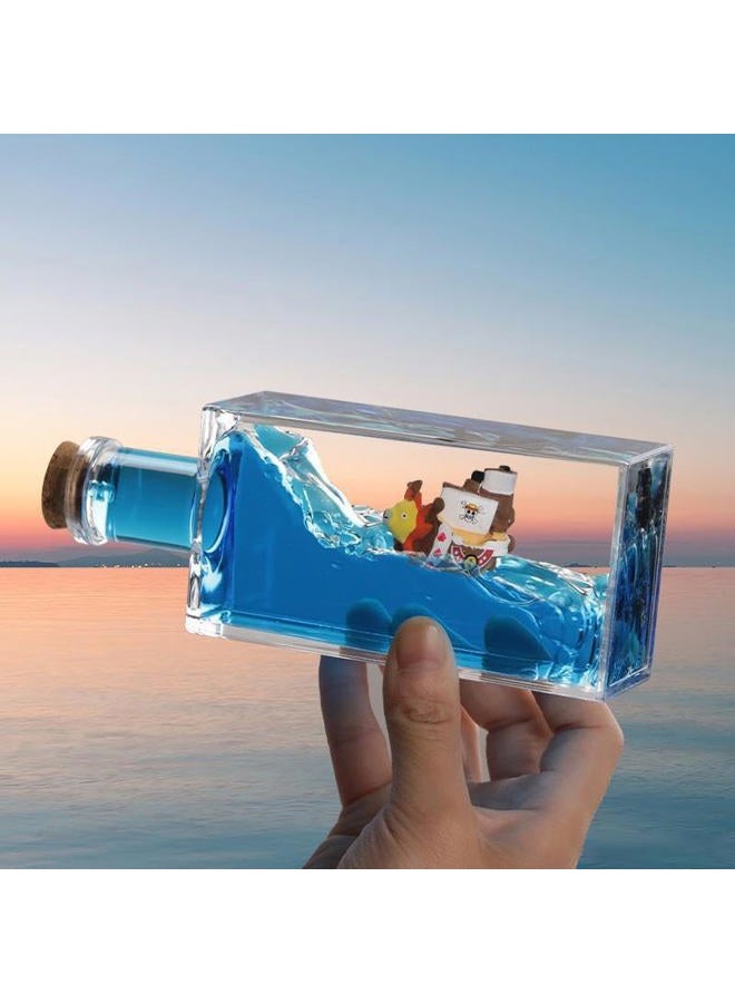 YimiBloss Unsinkable Thousand Sunny Anime Pirate Ship in A Bottle, Floating Ocean Desk Decor, Anime Themed Liquid Motion Decoration, Unique Gift for Fans and Office Home Desk Ornament - Image 2