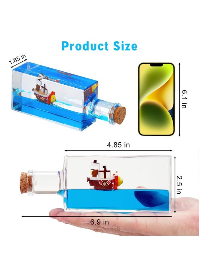 YimiBloss Unsinkable Thousand Sunny Anime Pirate Ship in A Bottle, Floating Ocean Desk Decor, Anime Themed Liquid Motion Decoration, Unique Gift for Fans and Office Home Desk Ornament - Image 3