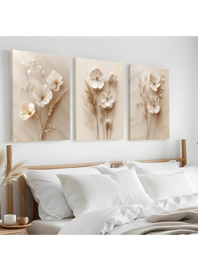 انسجام مجموعة من 3 لوحات فنية جدارية مؤطرة من القماش، لوحة فنية جدارية من القماش، ذات لون بيج محايد، ذات ملمس بسيط وحديث، لوحة نباتية، ديكور حائط، ملصقات زهور عتيقة لغرفة المعيشة وغرفة النوم والمزرعة، مقاس 16×12 بوصة، جاهزة للتعليق - Image 3