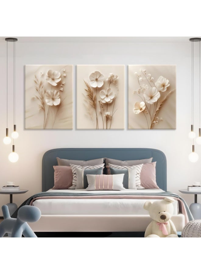 انسجام مجموعة من 3 لوحات فنية جدارية مؤطرة من القماش، لوحة فنية جدارية من القماش، ذات لون بيج محايد، ذات ملمس بسيط وحديث، لوحة نباتية، ديكور حائط، ملصقات زهور عتيقة لغرفة المعيشة وغرفة النوم والمزرعة، مقاس 16×12 بوصة، جاهزة للتعليق - Image 1