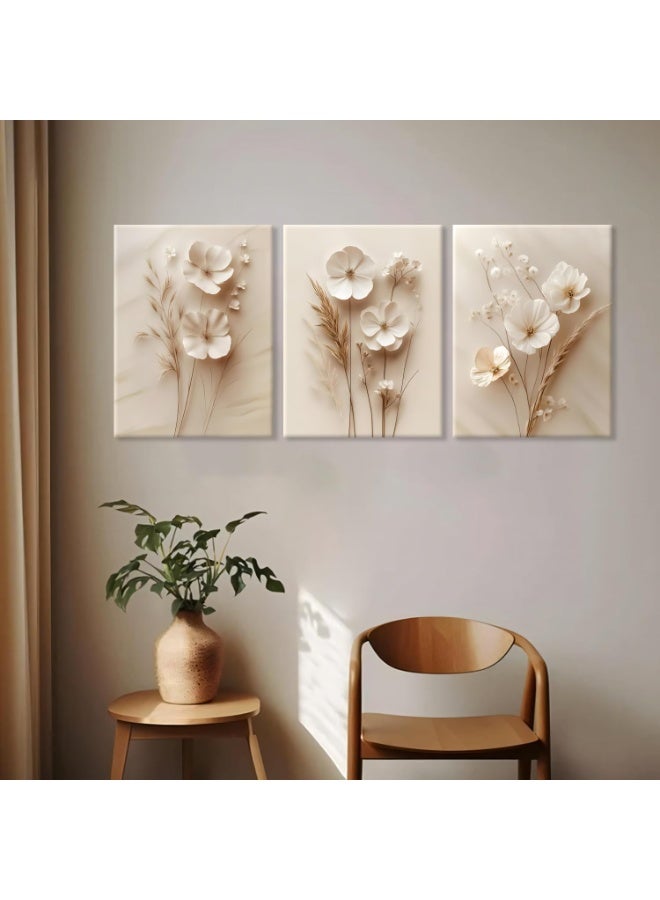 انسجام مجموعة من 3 لوحات فنية جدارية مؤطرة من القماش، لوحة فنية جدارية من القماش، ذات لون بيج محايد، ذات ملمس بسيط وحديث، لوحة نباتية، ديكور حائط، ملصقات زهور عتيقة لغرفة المعيشة وغرفة النوم والمزرعة، مقاس 16×12 بوصة، جاهزة للتعليق - Image 5