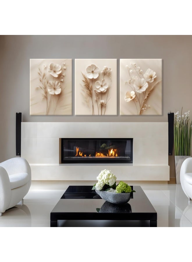 انسجام مجموعة من 3 لوحات فنية جدارية مؤطرة من القماش، لوحة فنية جدارية من القماش، ذات لون بيج محايد، ذات ملمس بسيط وحديث، لوحة نباتية، ديكور حائط، ملصقات زهور عتيقة لغرفة المعيشة وغرفة النوم والمزرعة، مقاس 16×12 بوصة، جاهزة للتعليق - Image 4