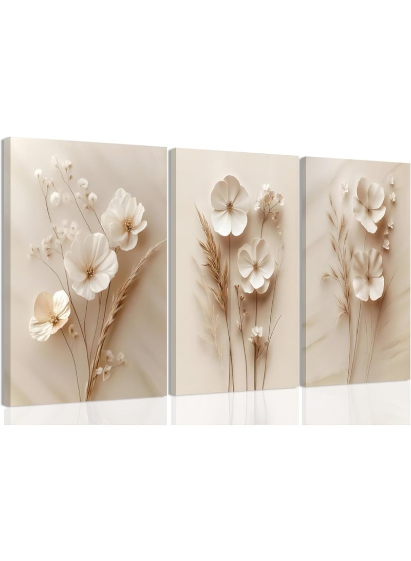 انسجام مجموعة من 3 لوحات فنية جدارية مؤطرة من القماش، لوحة فنية جدارية من القماش، ذات لون بيج محايد، ذات ملمس بسيط وحديث، لوحة نباتية، ديكور حائط، ملصقات زهور عتيقة لغرفة المعيشة وغرفة النوم والمزرعة، مقاس 16×12 بوصة، جاهزة للتعليق - Image 2