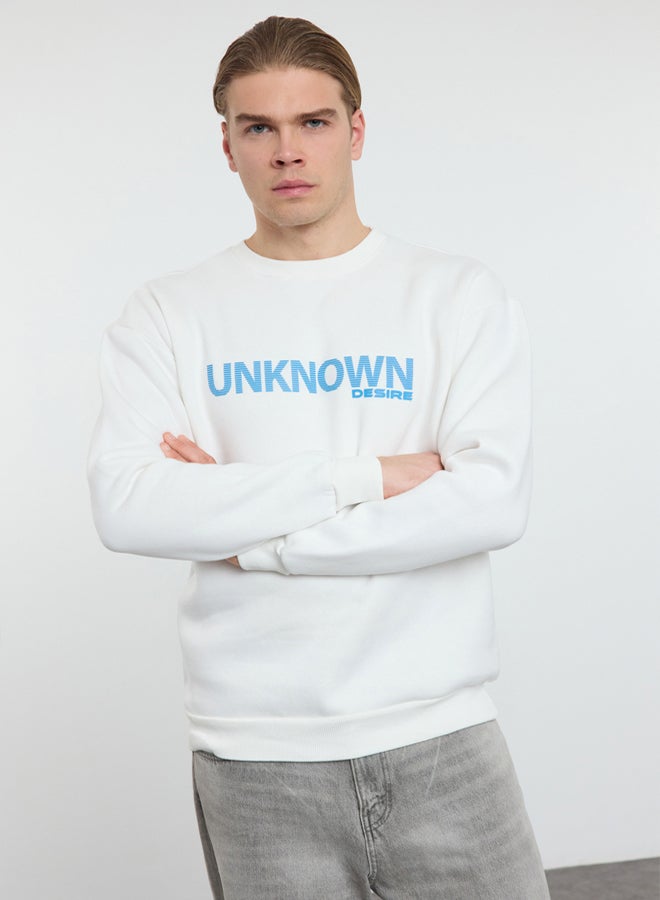 trendyol Ecru Oversize/Wide Cut Text Printed Crew Neck Inside Polar Fleece Sweatshirt - Image 1