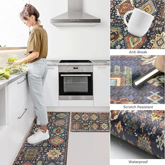 Deoxys 2 Piece Kitchen Mats Set Anti Fatigue Non Skid Kitchen Rugs and Long Runner Sets Waterproof Cushioned Comfort Standing Mats Floor Mat for Kitchen Dining Room White Flower - Image 3