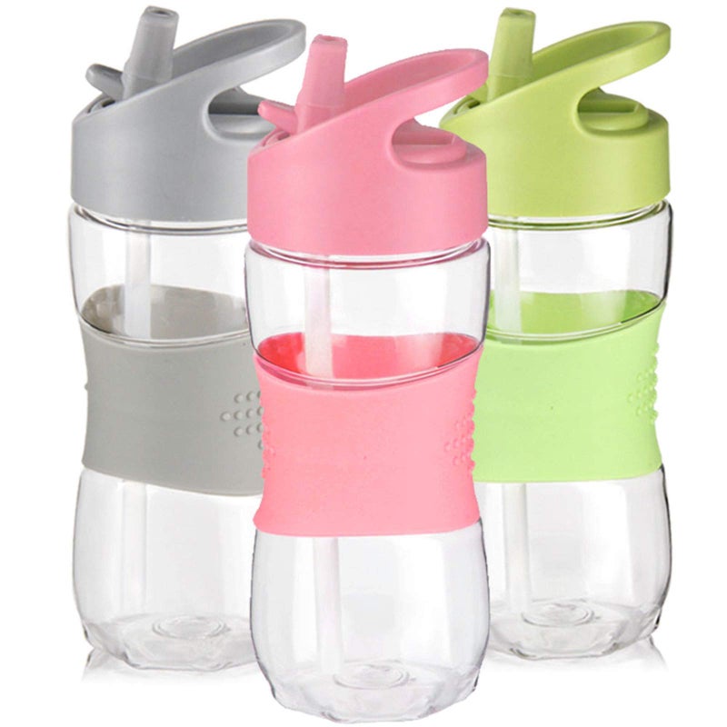 Sivaphe Clear Kids Water Bottle with Straw Cap 12 oz Portable LeakProof Tritan Small Beverage Bottle 350 ml Transparent Sports Drinking Bottle 350ml for School Girls Lightweight Pink
