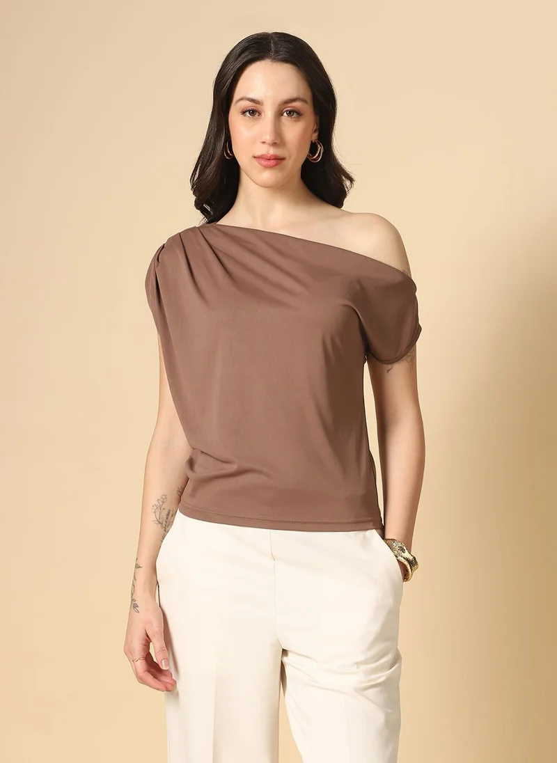 globus Globus Women Brown One Shoulder Extended Sleeve Gathered & Pleated detail Party Top