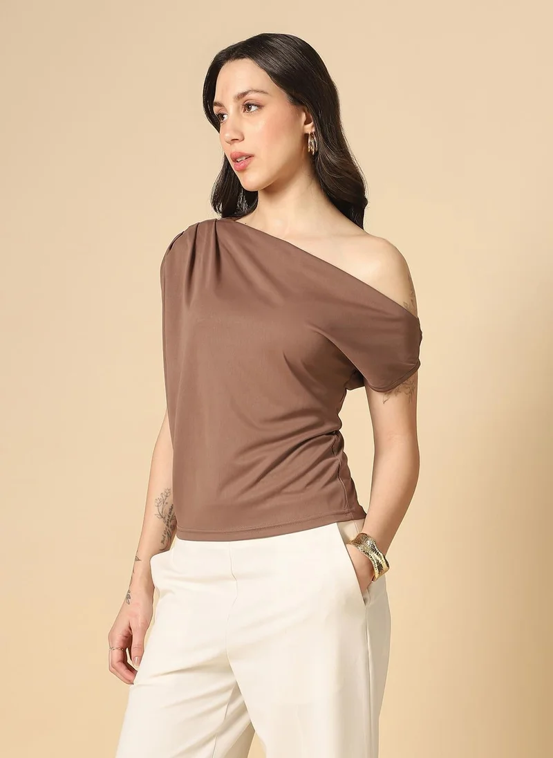 globus Globus Women Brown One Shoulder Extended Sleeve Gathered & Pleated detail Party Top