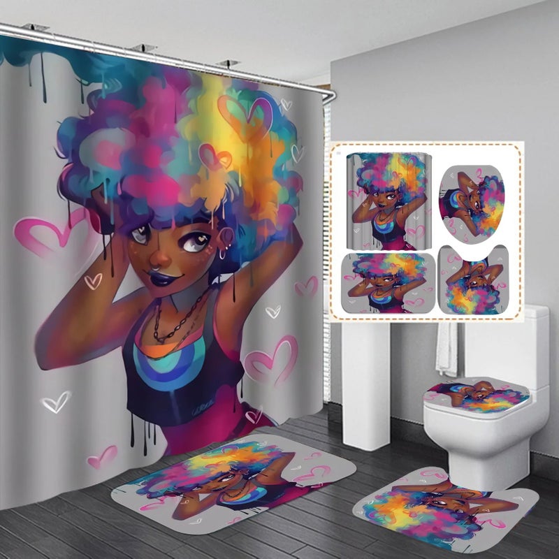 Y&D New 3D Print Black Women Art African American Style Bathroom Sets, Shower Curtain Set 4 Pcs - Image 1