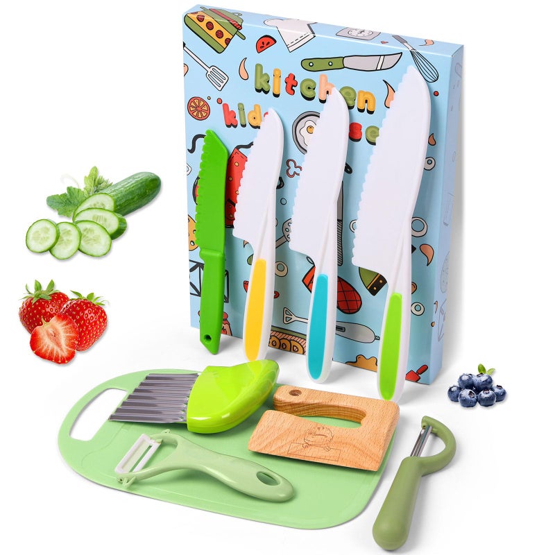 HOTUT 9 PCS Kitchen Safety Knives for Kids Reusable Childrens Cooking Knives with Cutting Board Wooden Knife Plastic Knife Potato Cutter Peeler Kids Knives for Vegetables Fruits Salad Cake