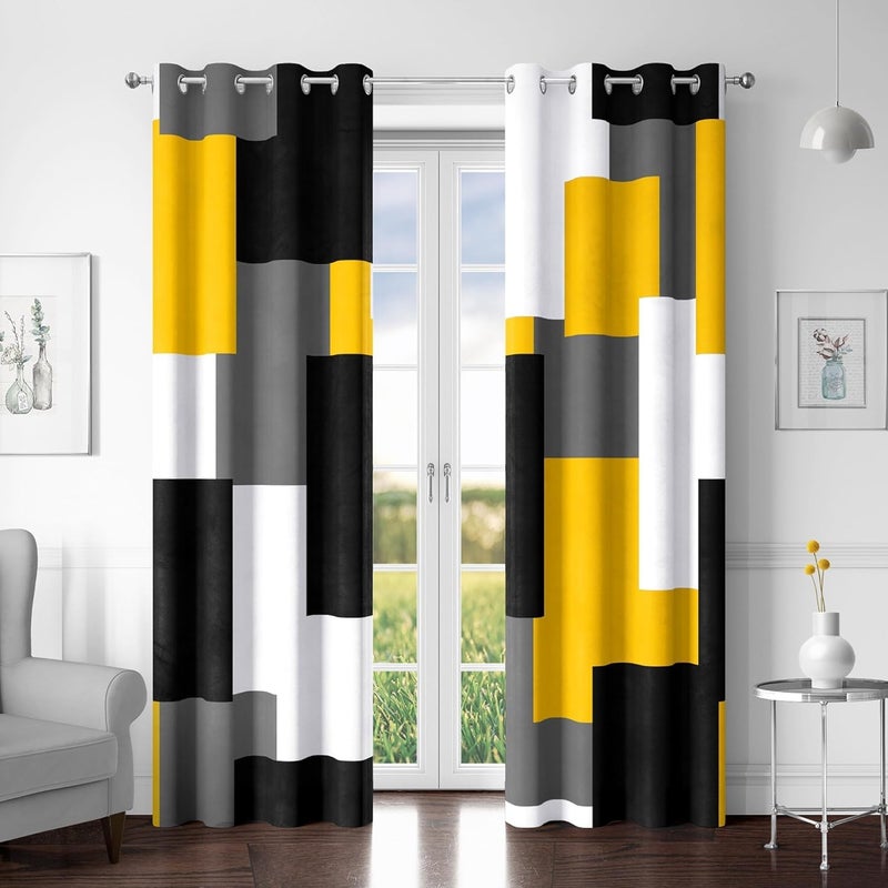 Tyrot Yellow 100% Blackout Curtains for Bedroom 84 inch Length 2 Panels Set Mustard Yellow Grey Modern Abstract Geometric Black Out Curtains Room Darkening Window Drapes for Living Room, 52Wx84L - Image 1