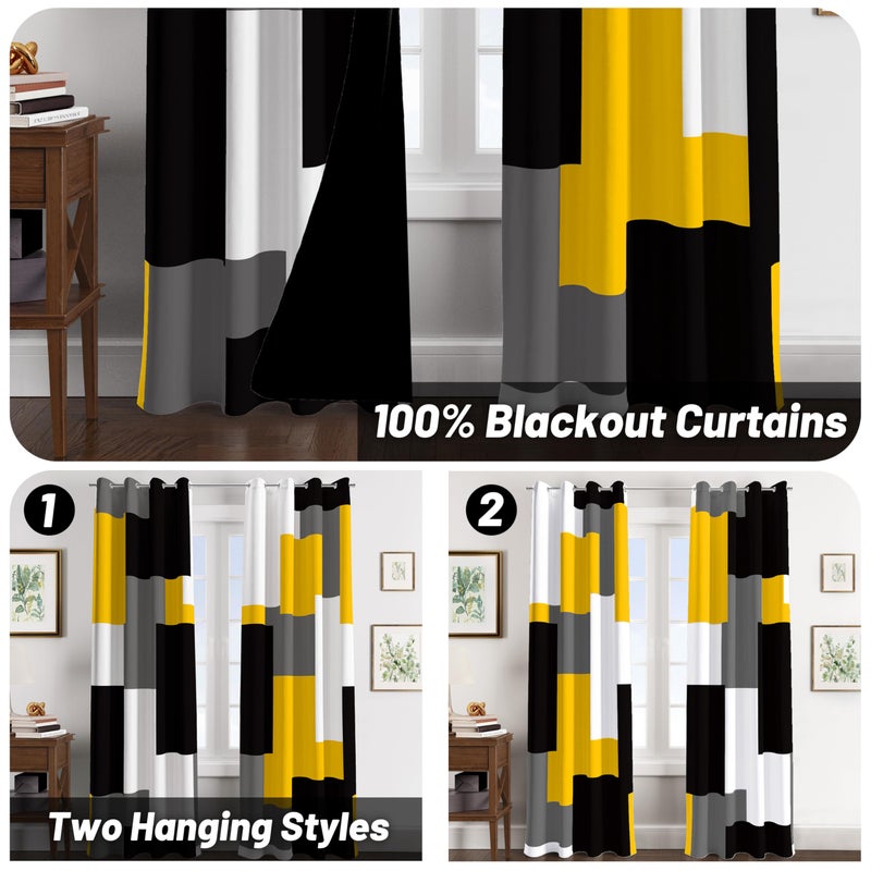 Tyrot Yellow 100% Blackout Curtains for Bedroom 84 inch Length 2 Panels Set Mustard Yellow Grey Modern Abstract Geometric Black Out Curtains Room Darkening Window Drapes for Living Room, 52Wx84L - Image 2