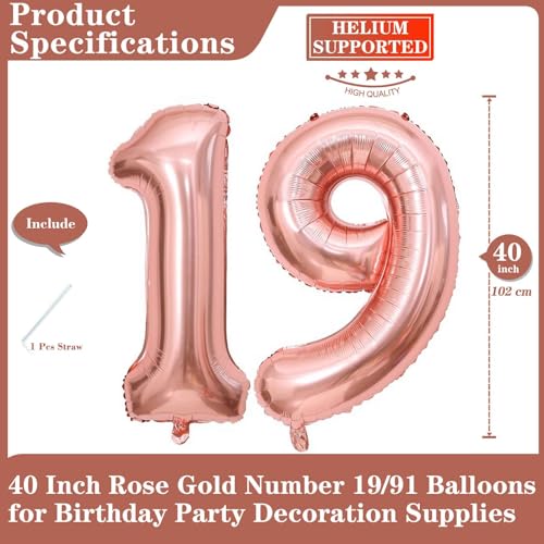 Lovoir Rose Gold 19 Number Balloons 40 Inch Giant Number 19 Balloons Foil Mylar Helium Rose Gold Number Balloons for 19th Birthday Party Supplies Anniversary Event Celebration Decorations - Image 5