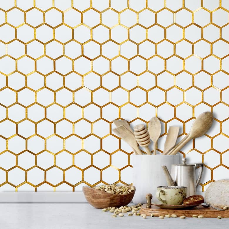 DICOFUN 10-Sheet Hexagon Peel and Stick Backsplash Tile, Polished White Tile Look Mixed Gold Kitchen Backsplash Peel and Stick Wall Tiles - Image 2