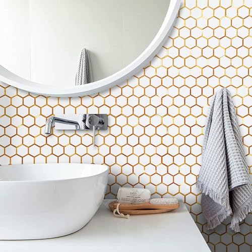 DICOFUN 10-Sheet Hexagon Peel and Stick Backsplash Tile, Polished White Tile Look Mixed Gold Kitchen Backsplash Peel and Stick Wall Tiles - Image 4