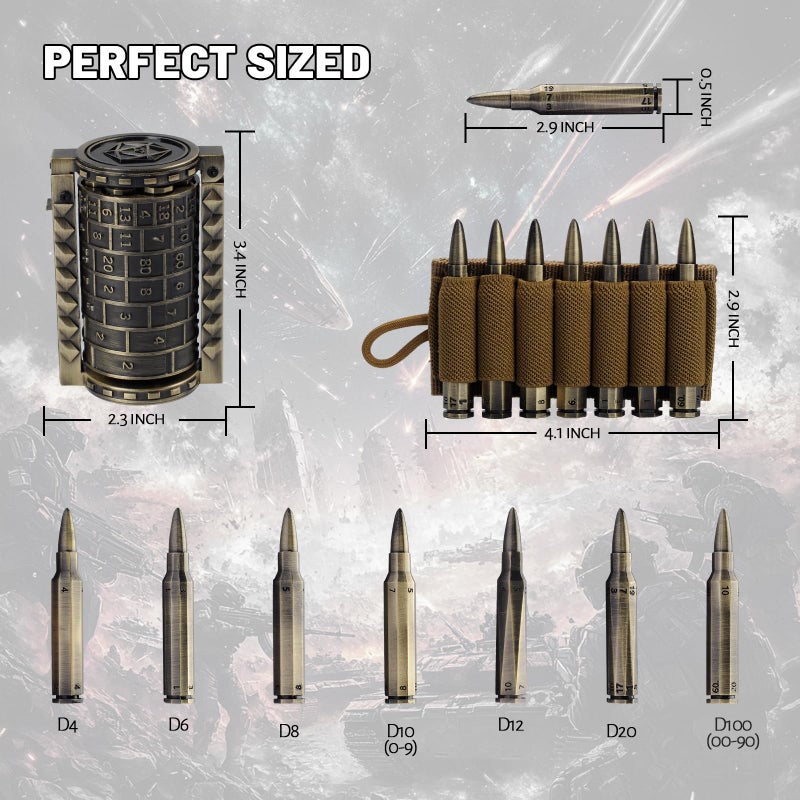 CZYY Rifle Bullet Dice Set - Solid Metal 7 Polyhedral Dice Set with Spinning Container Case & Cartridge Holder Belt - Perfect Role Playing Dice Set for DND, Tabletop Games (Bronze) - Image 4