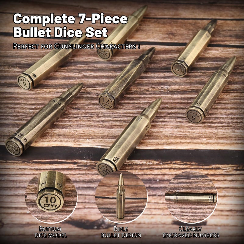 CZYY Rifle Bullet Dice Set - Solid Metal 7 Polyhedral Dice Set with Spinning Container Case & Cartridge Holder Belt - Perfect Role Playing Dice Set for DND, Tabletop Games (Bronze) - Image 5