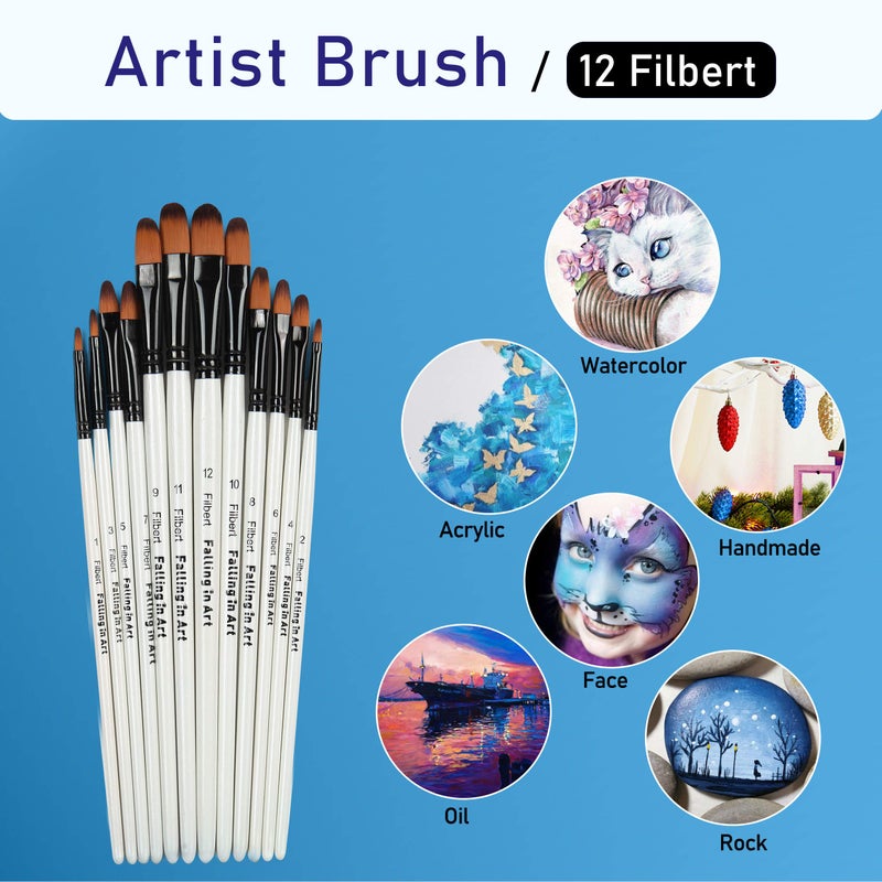 Falling in Art Paint Brushes Set, 12 PCS Nylon Professional Filbert Paint Brushes for Watercolor, Oil Painting, Acrylic, Face Body Nail Art, Crafts, Rock Painting - Image 4