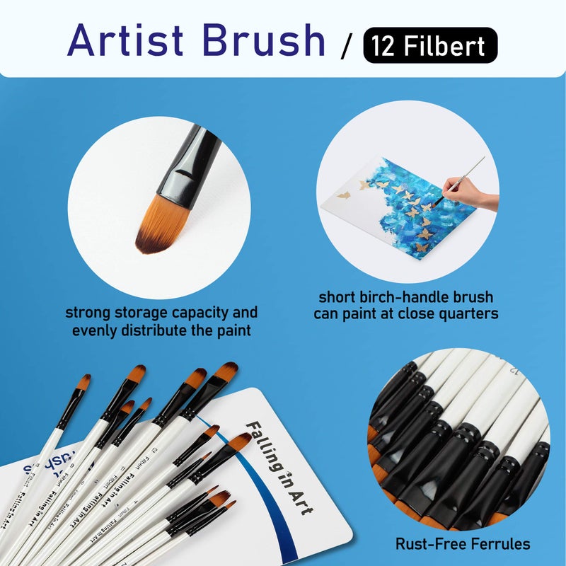 Falling in Art Paint Brushes Set, 12 PCS Nylon Professional Filbert Paint Brushes for Watercolor, Oil Painting, Acrylic, Face Body Nail Art, Crafts, Rock Painting - Image 3