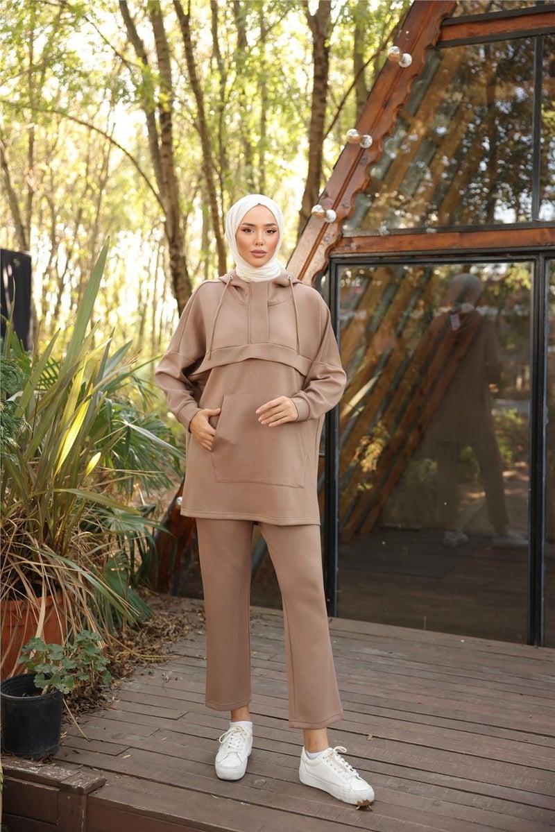 Bwest Hooded Kangaroo Pocket Sweat-Pants Double Tracksuit Sports Set - 71214.026 - Beige - Image 1
