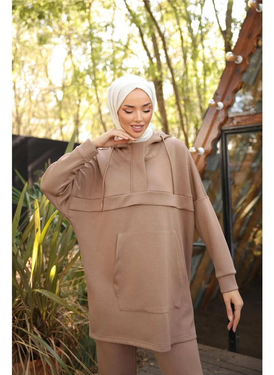 Bwest Hooded Kangaroo Pocket Sweat-Pants Double Tracksuit Sports Set - 71214.026 - Beige