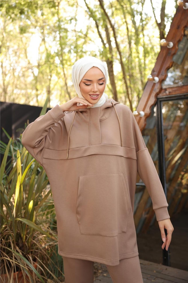 Bwest Hooded Kangaroo Pocket Sweat-Pants Double Tracksuit Sports Set - 71214.026 - Beige - Image 2