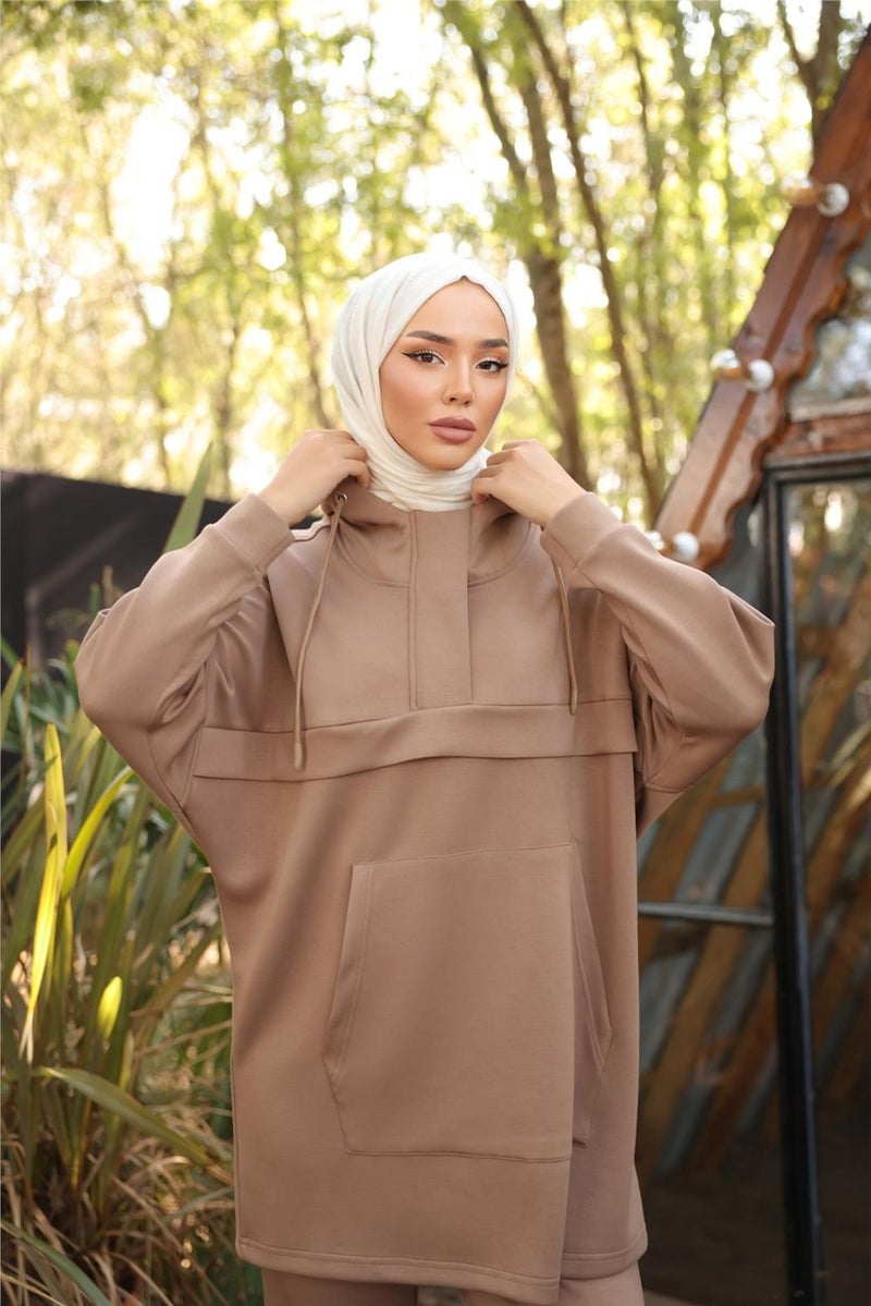 Bwest Hooded Kangaroo Pocket Sweat-Pants Double Tracksuit Sports Set - 71214.026 - Beige - Image 3