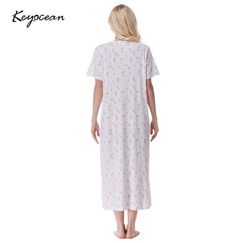 Keyocean Women‘s Nightgowns, Soft Cotton Comfy Lightweight Short Sleeve Ladies Sleepwear, Pink Floral, XX-Large (XXL) - Image 2