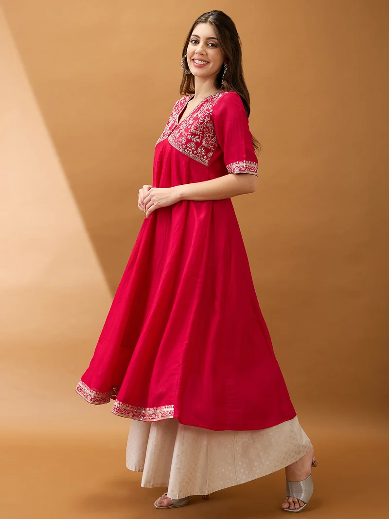 globus Globus Women Pink Sequinned Floral Embroidered Yoke V-Neck Alia Cut A-Line Festive Kurta