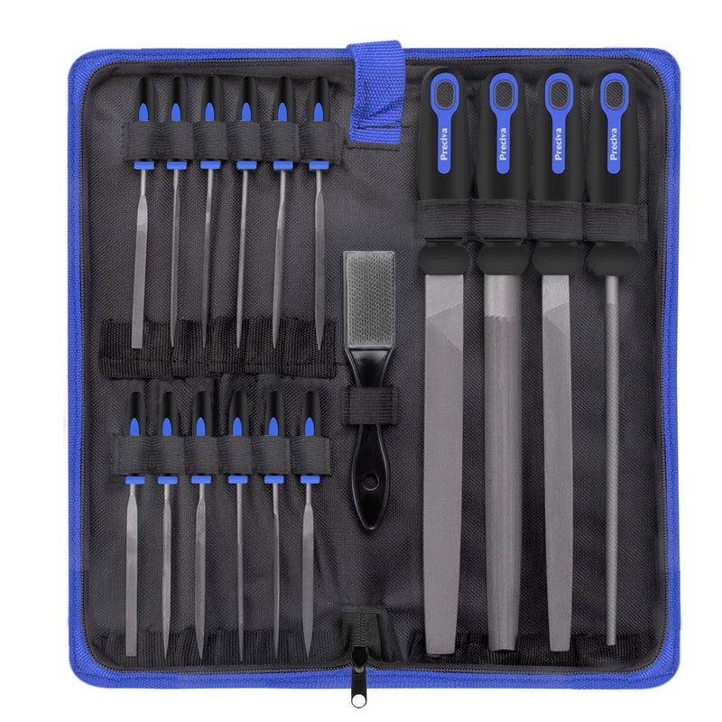 Preciva 18PCS File Set, 18 in1 High Carbon Steel Multipurpose File Set Includes 4PCS Flat/Triangle/Half-Round/Round Large File and 12PCS Needle File and ONE Scrath Brush and ONE Portable Bag - Image 1