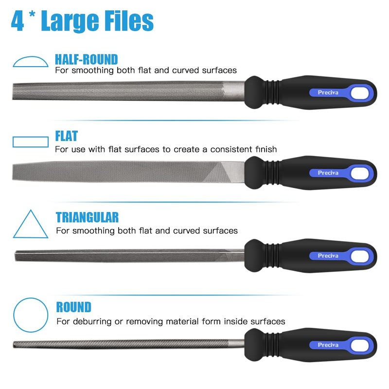 Preciva 18PCS File Set, 18 in1 High Carbon Steel Multipurpose File Set Includes 4PCS Flat/Triangle/Half-Round/Round Large File and 12PCS Needle File and ONE Scrath Brush and ONE Portable Bag - Image 3