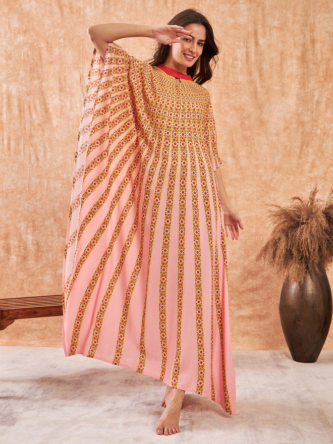 The Kaftan Company Pink Floral Print Kaftan Nightdress with 3/4 Sleeve - Image 2