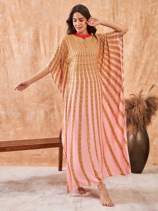 The Kaftan Company Pink Floral Print Kaftan Nightdress with 3/4 Sleeve - Image 3