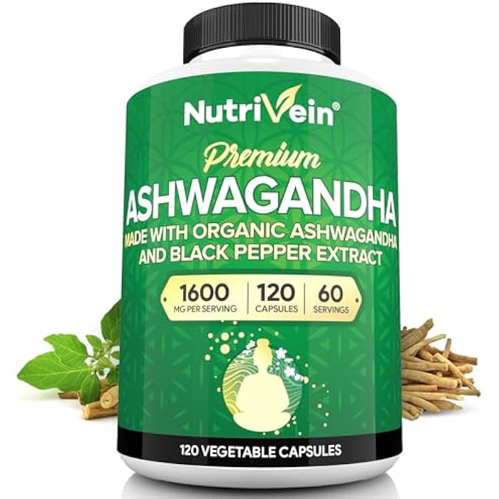 Nutrivein Ashwagandha for Men & Women - 1600mg - Enhanced with Black Pepper - High-Absorption Root Powder Ashwagandha Supplements for Mood Balance, Restful Sleep, & Focus - 120 Vegan Capsules - Image 1