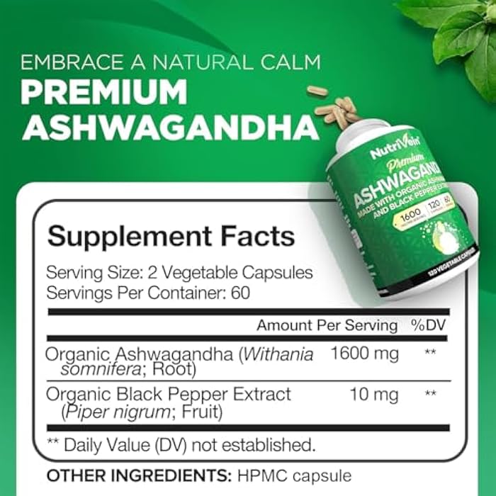 Nutrivein Ashwagandha for Men & Women - 1600mg - Enhanced with Black Pepper - High-Absorption Root Powder Ashwagandha Supplements for Mood Balance, Restful Sleep, & Focus - 120 Vegan Capsules - Image 2