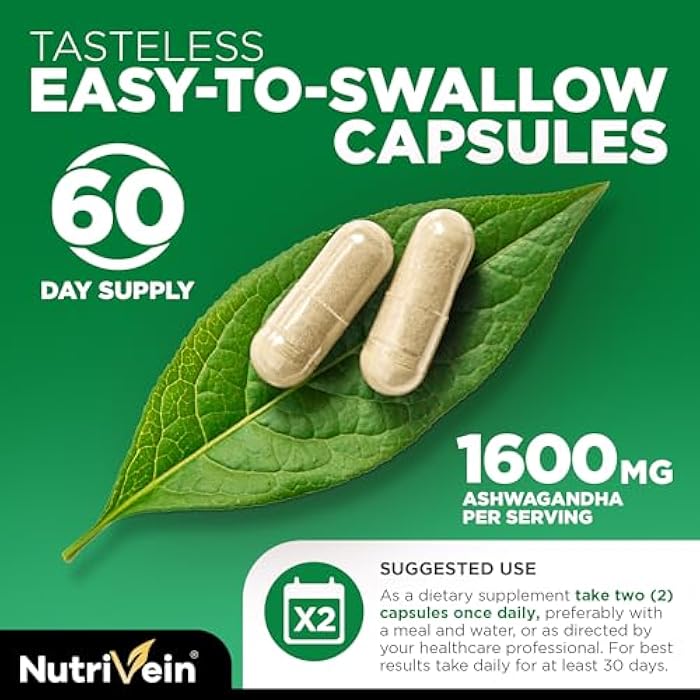 Nutrivein Ashwagandha for Men & Women - 1600mg - Enhanced with Black Pepper - High-Absorption Root Powder Ashwagandha Supplements for Mood Balance, Restful Sleep, & Focus - 120 Vegan Capsules - Image 5