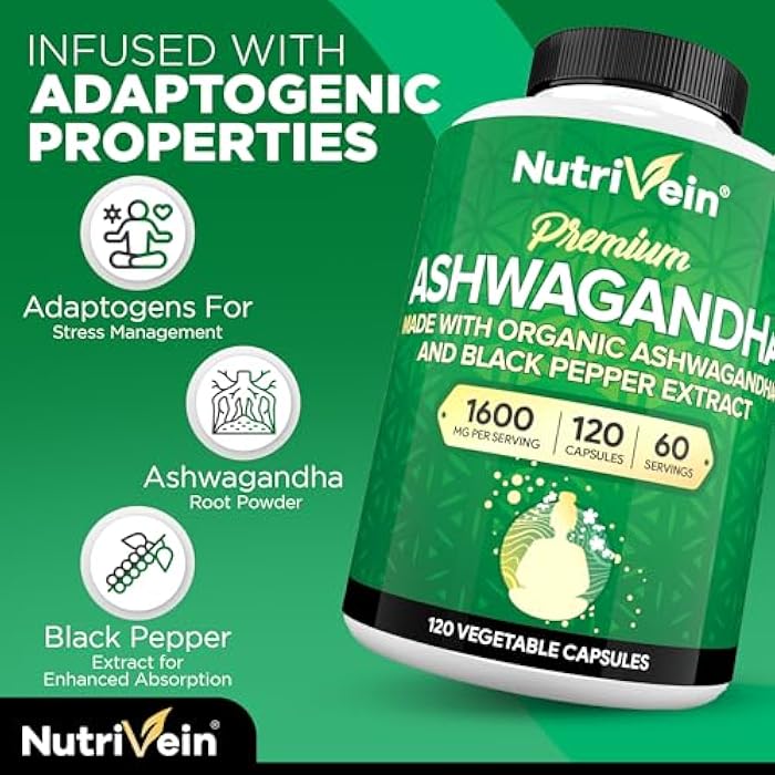 Nutrivein Ashwagandha for Men & Women - 1600mg - Enhanced with Black Pepper - High-Absorption Root Powder Ashwagandha Supplements for Mood Balance, Restful Sleep, & Focus - 120 Vegan Capsules - Image 3