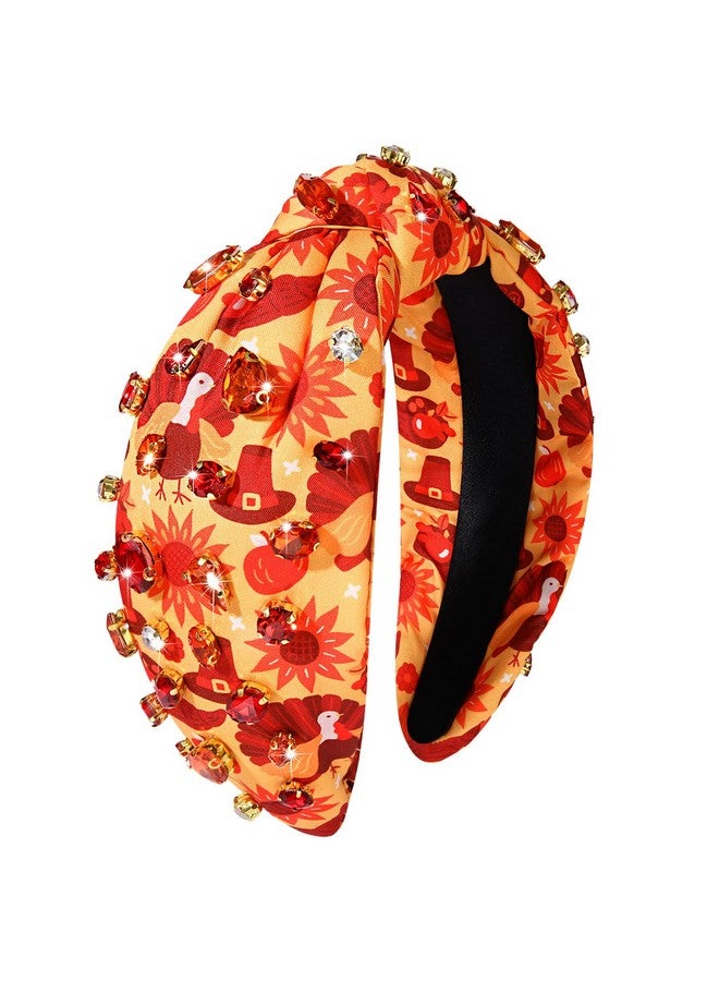 NVENF Thanksgiving Headband For Women Jeweled Sunflower Turkey Knotted Headband Orange Rhinestone Crystal Beads Embellished Top Knot Headband Autumn Fall Hair Accessories Holiday Outfit Gifts (Pattern C) - Image 1