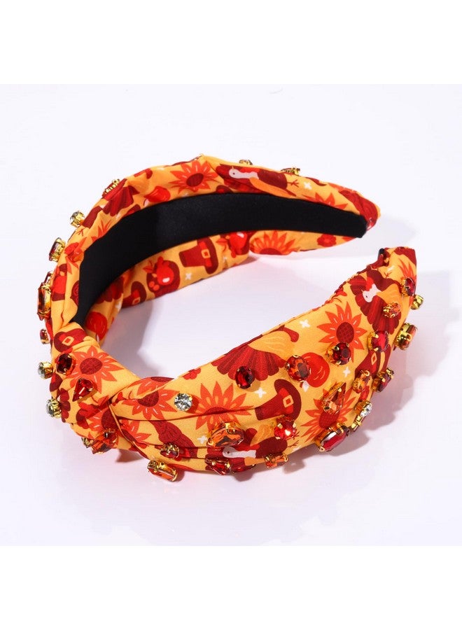 NVENF Thanksgiving Headband For Women Jeweled Sunflower Turkey Knotted Headband Orange Rhinestone Crystal Beads Embellished Top Knot Headband Autumn Fall Hair Accessories Holiday Outfit Gifts (Pattern C) - Image 2