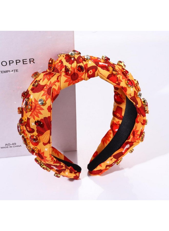 NVENF Thanksgiving Headband For Women Jeweled Sunflower Turkey Knotted Headband Orange Rhinestone Crystal Beads Embellished Top Knot Headband Autumn Fall Hair Accessories Holiday Outfit Gifts (Pattern C) - Image 3