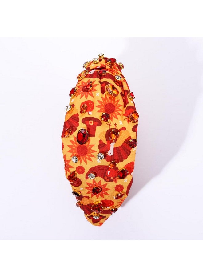 NVENF Thanksgiving Headband For Women Jeweled Sunflower Turkey Knotted Headband Orange Rhinestone Crystal Beads Embellished Top Knot Headband Autumn Fall Hair Accessories Holiday Outfit Gifts (Pattern C) - Image 5