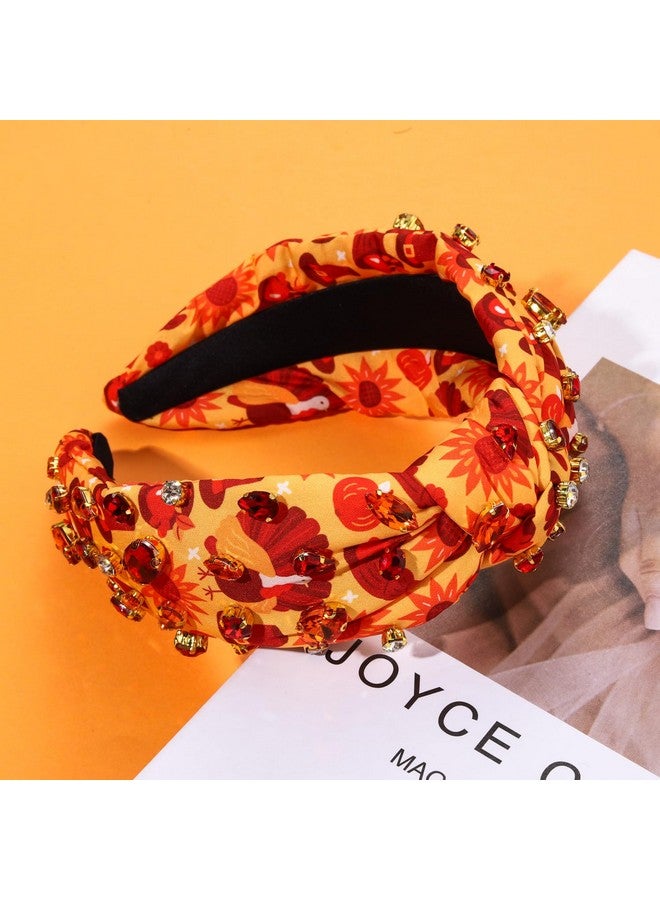 NVENF Thanksgiving Headband For Women Jeweled Sunflower Turkey Knotted Headband Orange Rhinestone Crystal Beads Embellished Top Knot Headband Autumn Fall Hair Accessories Holiday Outfit Gifts (Pattern C) - Image 4