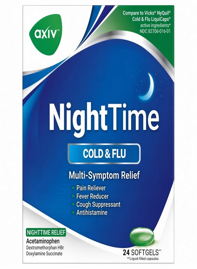 AXIV Nighttime Cold & Flu Relief Softgels, Multi-Symptom Nighttime Relief for Headache, Fever, Sore Throat, Minor Aches and Pains, Sneezing, Runny Nose, and Cough 24 Count - Image 1