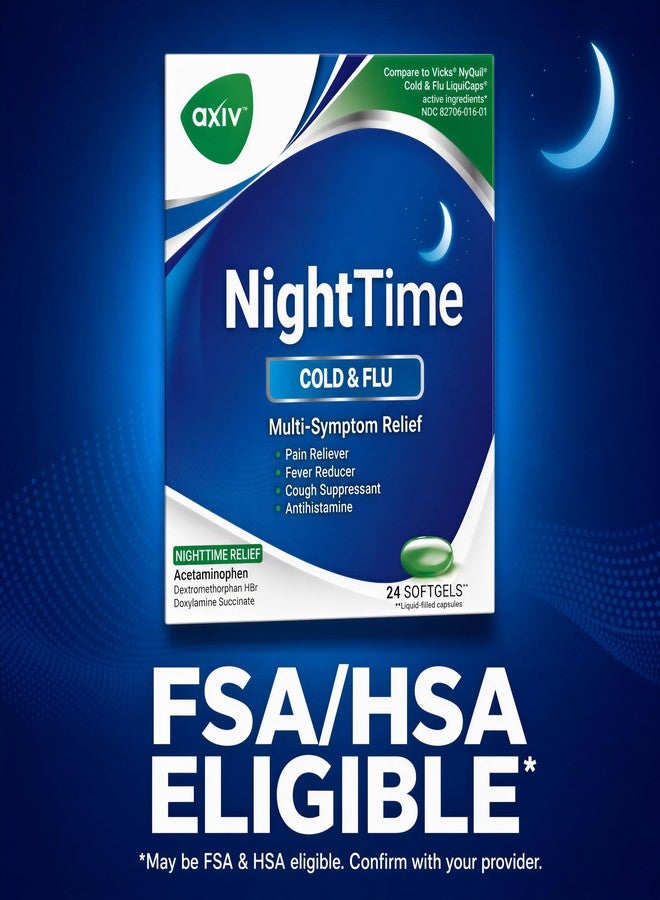 AXIV Nighttime Cold & Flu Relief Softgels, Multi-Symptom Nighttime Relief for Headache, Fever, Sore Throat, Minor Aches and Pains, Sneezing, Runny Nose, and Cough 24 Count - Image 5